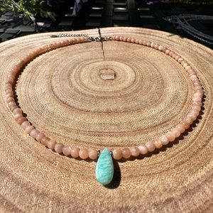 Peach Sunstone Amazonite Crystal Bead Pendant Necklace Silver Teal Gift
